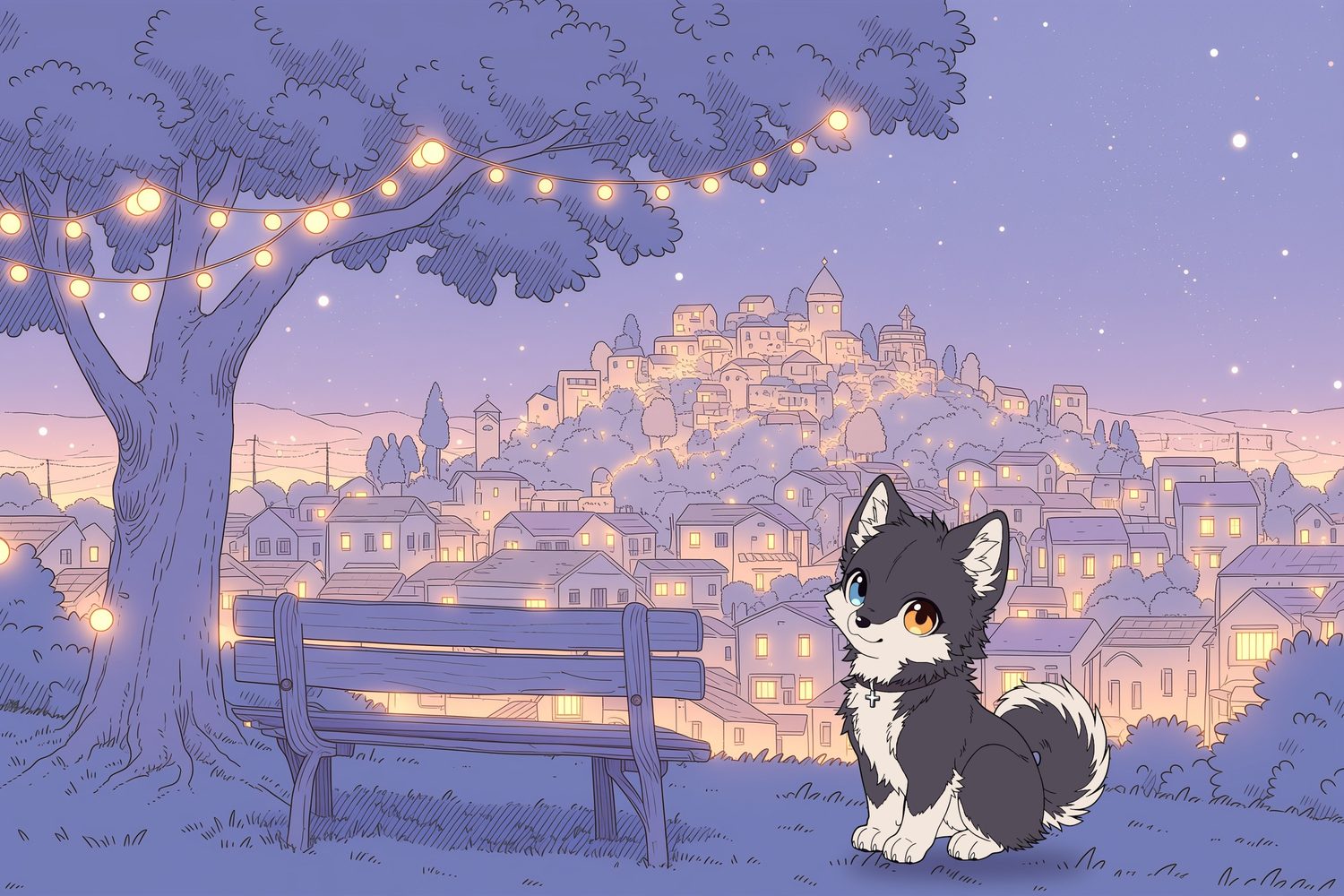 A bench on a hill at dusk, below it a town with many lit windows