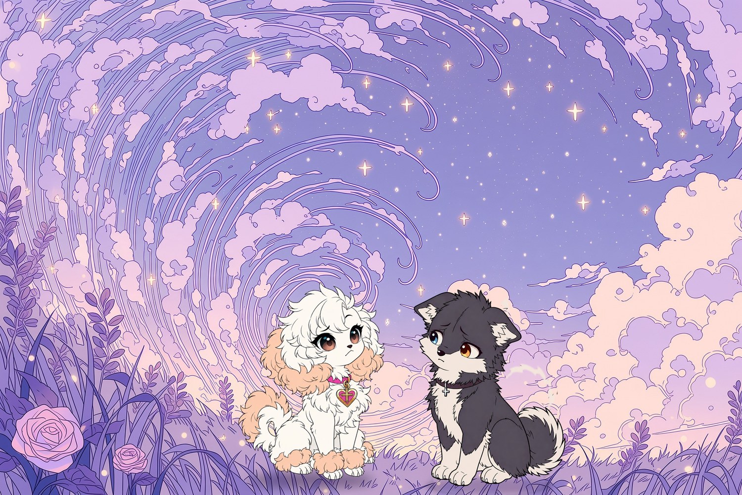 Daisy and Fenny in a meadow, purple swirls of wind on the left, the starry sky growing still on the right