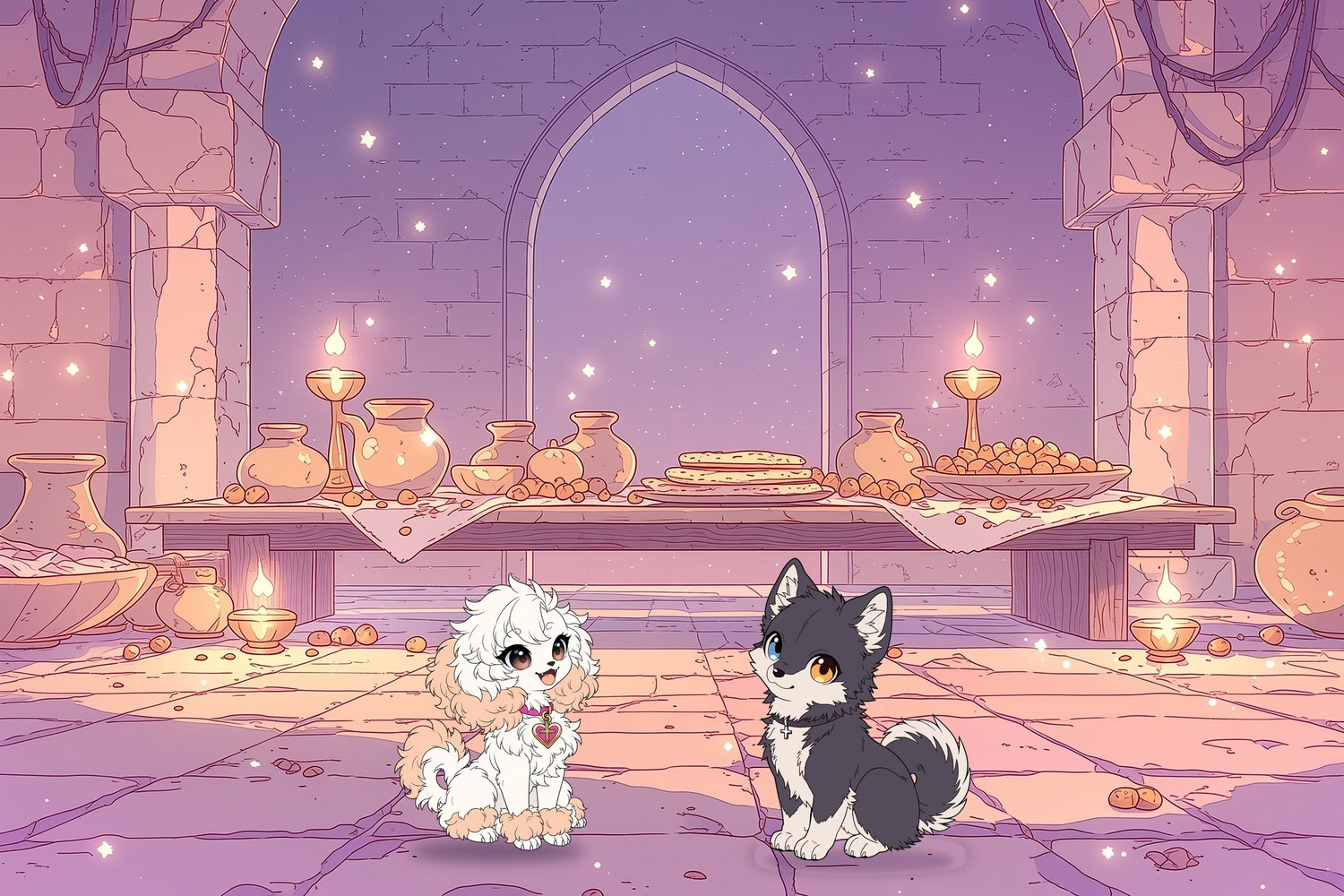 Daisy and Fenny in front of a table set with bread and oil lamps in a house from Bible times